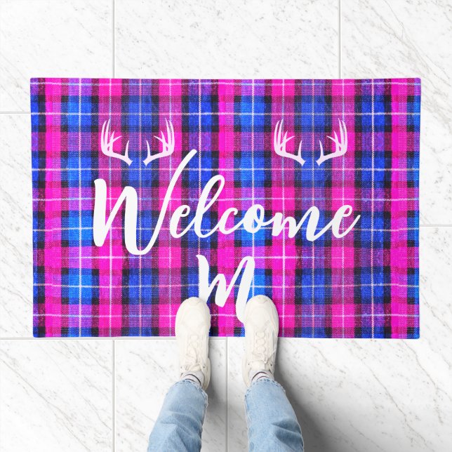 Modern Pink & Blue Buffalo Plaid - Family Monogram Doormat (Indoor)