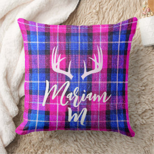 Modern Pink & Blue Buffalo Plaid - Family Monogram Throw Pillow