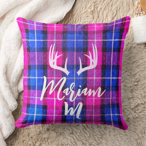 Modern Pink &amp; Blue Buffalo Plaid - Family Monogram Throw Pillow