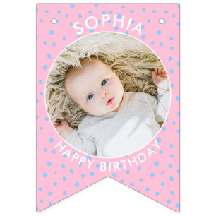 Modern Pink Blue Custom Baby birthday photo Bunting Flags
