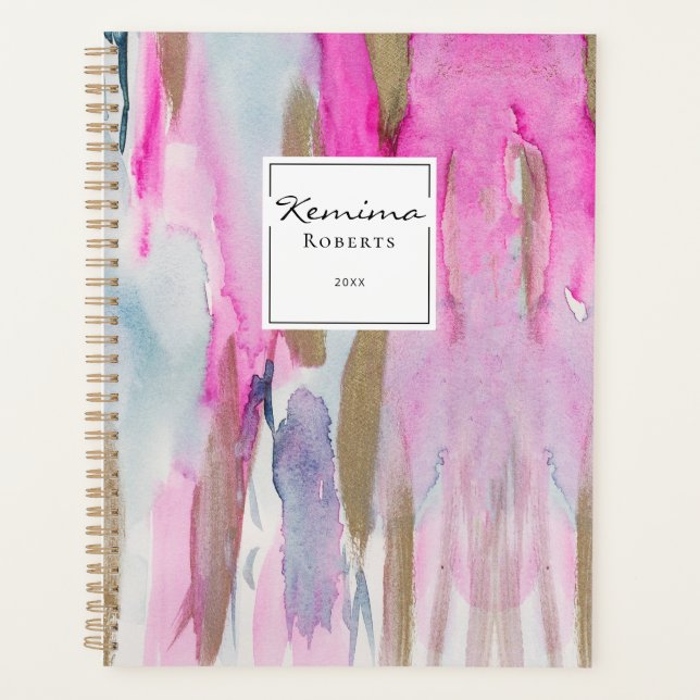 Modern Pink Blue Elegant Brushstrokes Watercolors Planner (Front)