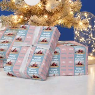 Modern Pink Blue Family Photo Christmas Happy Wrapping Paper
