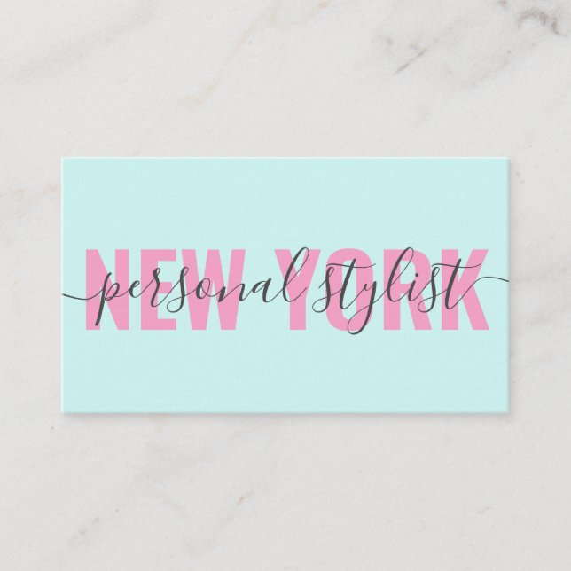Modern pink blue fashion stylist script signature business card (Front)