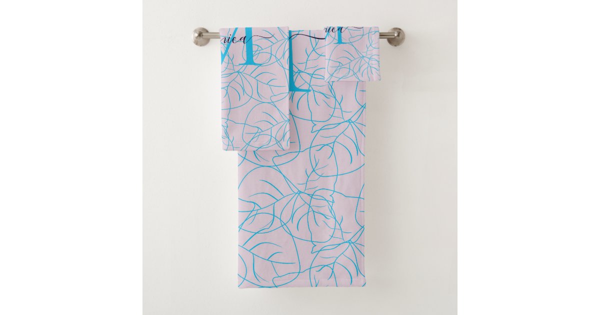Modern Pink Blue Floral Monogram Name Design Bath Towel Set | Zazzle