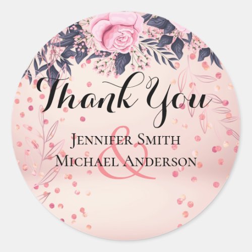 Modern Pink Blue Floral Wedding Classic Round Sticker