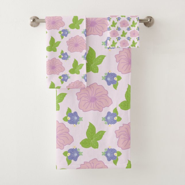 Modern Pink Blue Flowers Pattern  Bath Towel Set (Insitu)