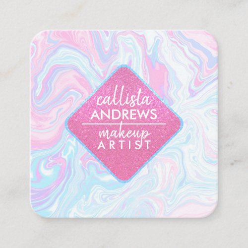 Modern Pink Blue Glitter Swirly Marble Ink Square Business Card