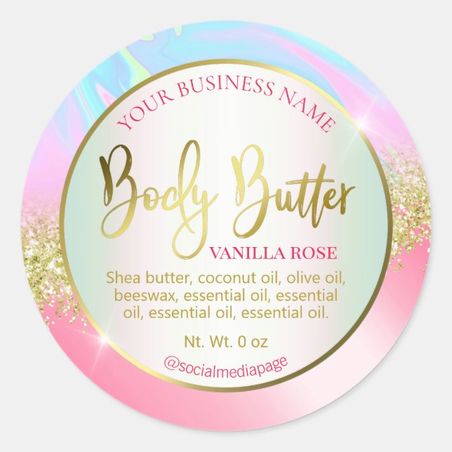 Modern Pink Blue Gold Glitter Body Butter Labels (Front)