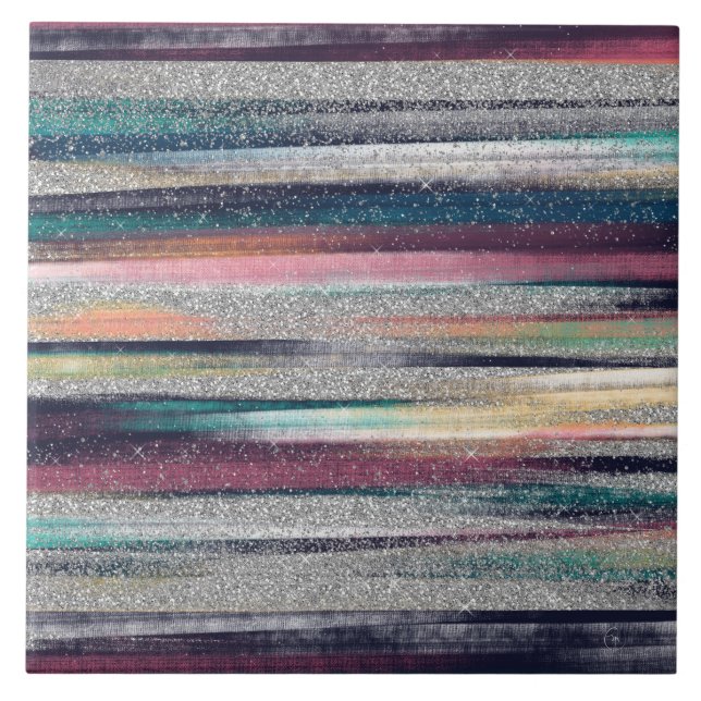 Modern Pink Blue Gold Glitter Brush Strokes Paint Ceramic Tile (Front)