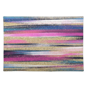 Modern Pink Blue Gold Glitter Brush Strokes Paint Cloth Placemat
