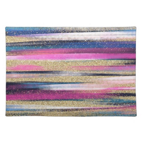 Modern Pink Blue Gold Glitter Brush Strokes Paint Cloth Placemat