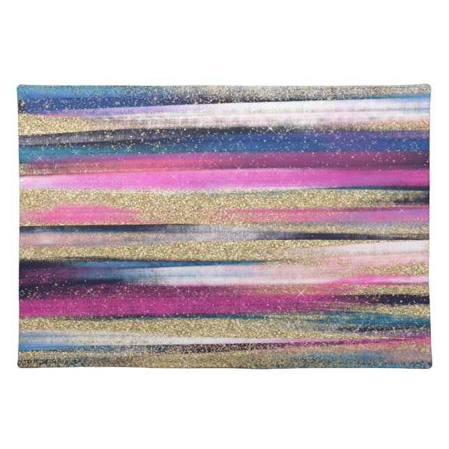 Modern Pink Blue Gold Glitter Brush Strokes Paint Cloth Placemat (Front)