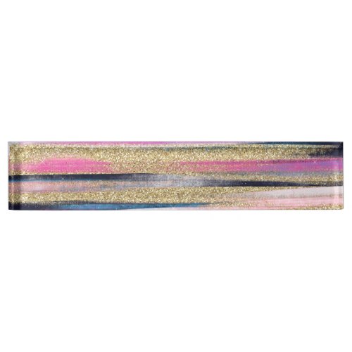 Modern Pink Blue Gold Glitter Brush Strokes Paint Desk Name Plate