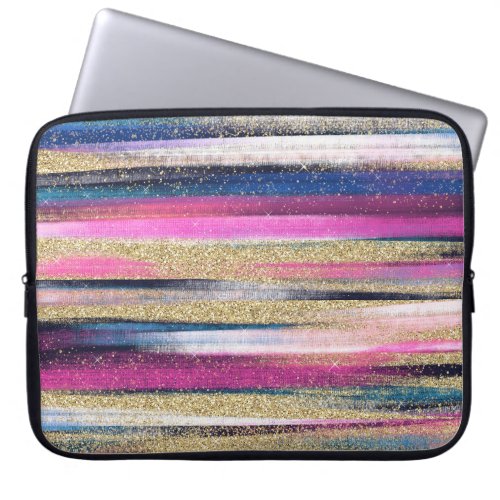 Modern Pink Blue Gold Glitter Brush Strokes Paint Laptop Sleeve
