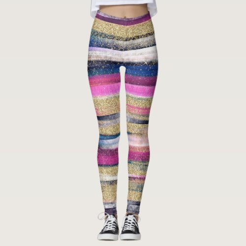 Modern Pink Blue Gold Glitter Brush Strokes Paint Leggings