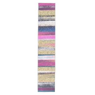 Modern Pink Blue Gold Glitter Brush Strokes Paint Medium Table Runner