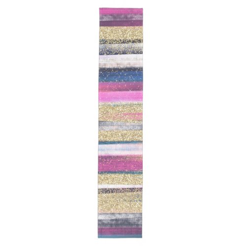 Modern Pink Blue Gold Glitter Brush Strokes Paint Medium Table Runner