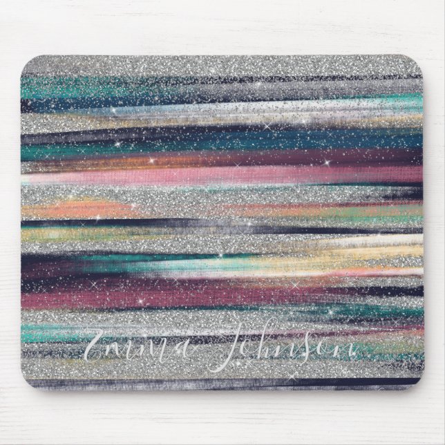 Modern Pink Blue Gold Glitter Brush Strokes Paint Mouse Pad (Front)