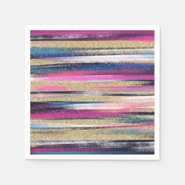 Modern Pink Blue Gold Glitter Brush Strokes Paint Napkins (Front)