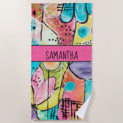 Modern Pink Blue Green Abstract Colorful Add Name Beach Towel