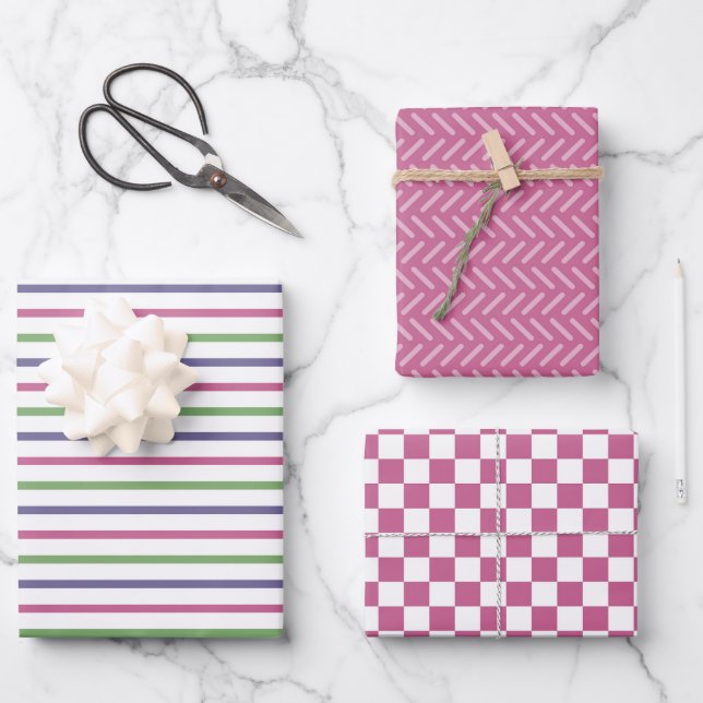 Modern Pink, Blue, Green Stripes, Pink Checkered Wrapping Paper Sheets (Front)