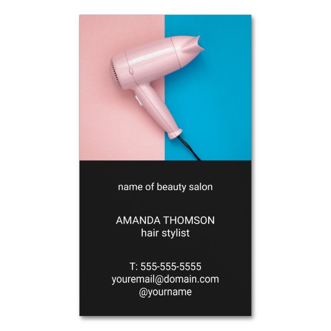 Modern Pink Blue Grey Beauty Salon Hair Stylist Business Card Magnet (Front Vertical)