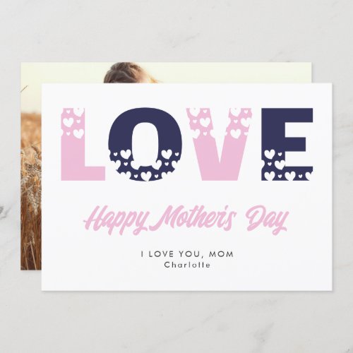 Modern Pink Blue Hearts Photo Happy Mothers Day Card