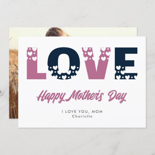 Modern Pink Blue Hearts Photo Mothers Day Card