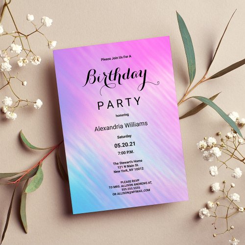 Modern Pink Blue Lilac Holographic Birthday Party  Invitation