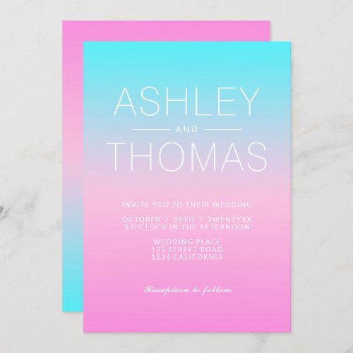 Modern pink blue ombre gradient beach wedding invitation