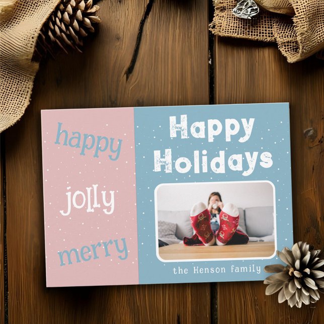 Modern Pink Blue Photo Snowflake Christmas Happy  Holiday Card (Creator Uploaded)