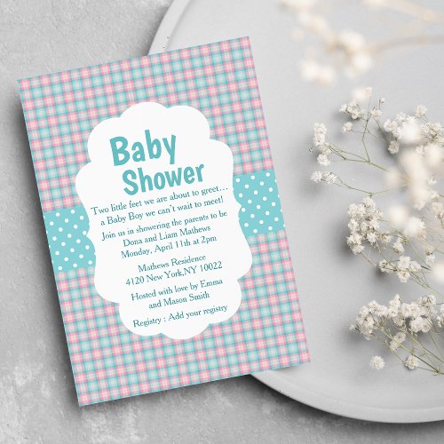 Modern Pink Blue Polka Dots Tartan Boy Baby Shower Invitation