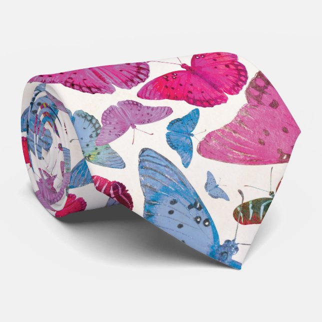 Modern Pink Blue Purple Butterfly Pattern Neck Tie (Rolled)