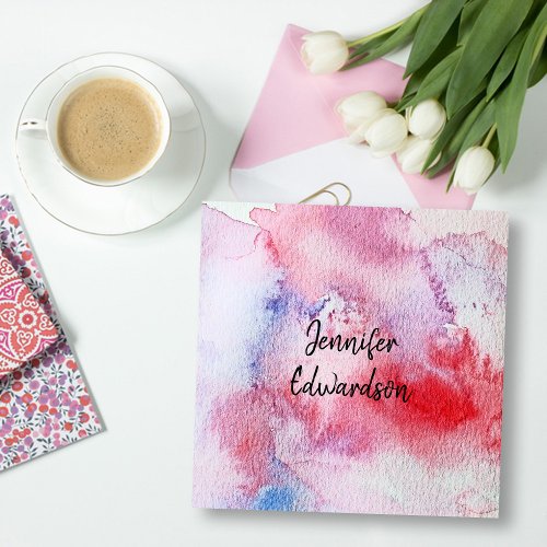 Modern pink blue red watercolor splatter splash square business card