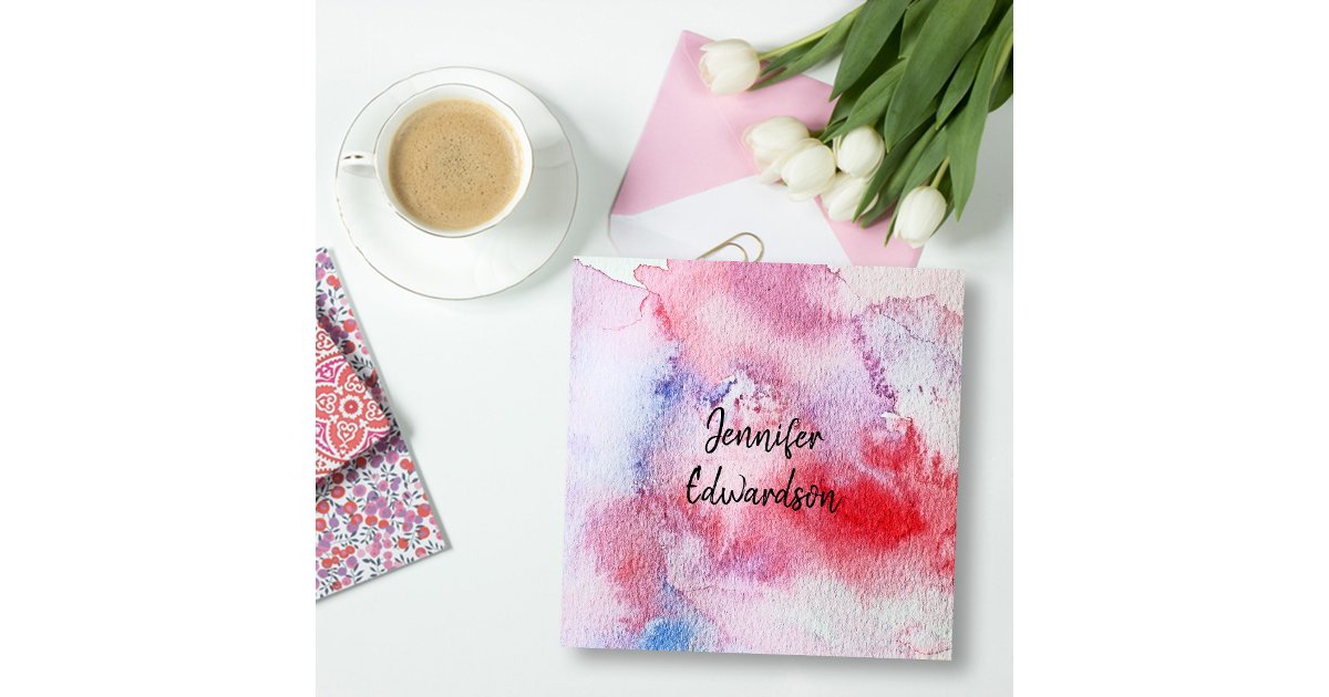 Modern pink blue red watercolor splatter splash square business card ...