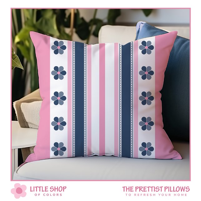 Modern Pink Blue Stripes and Floral Throw Pillow (Creator Uploaded)