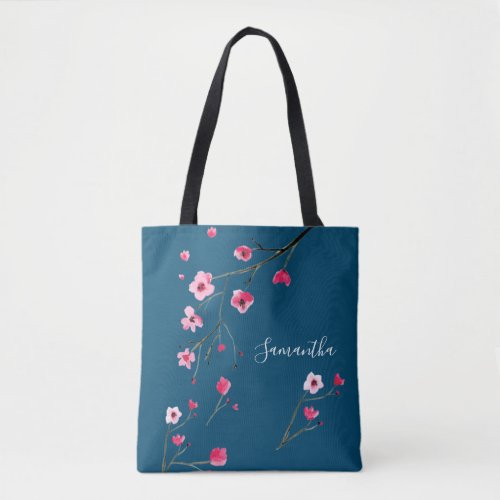 Modern Pink Blue watercolor cherry blossoms Name Tote Bag