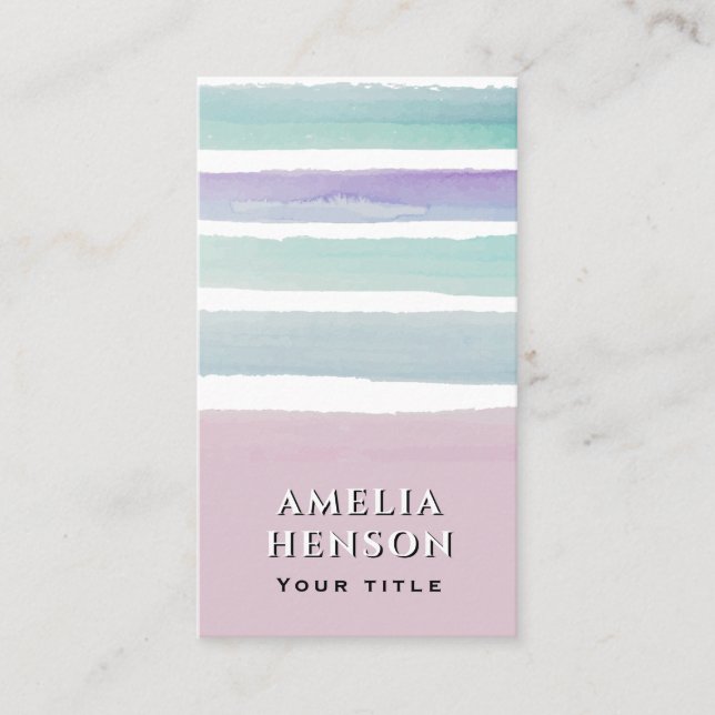 Modern Pink Blue Watercolor Stripes Business Card (Front)