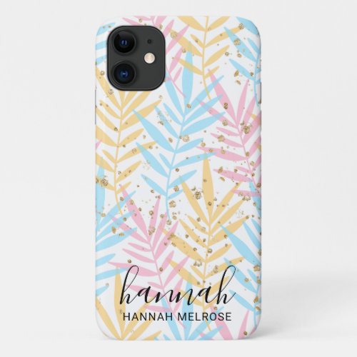 Modern Pink Blue Yellow Gold Tropical Palm Leaves iPhone 11 Case