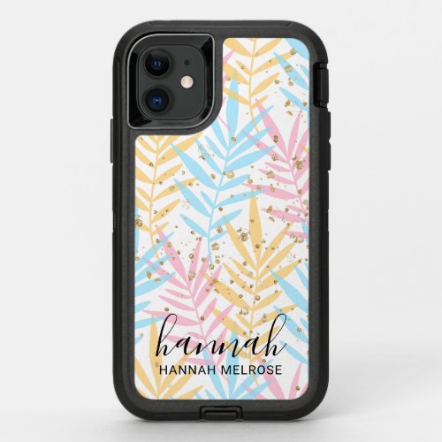 Modern Pink Blue Yellow Gold Tropical Palm Leaves OtterBox Defender iPhone 11 Case