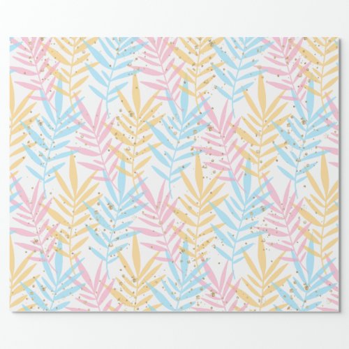 Modern Pink Blue Yellow Gold Tropical Palm Leaves Wrapping Paper