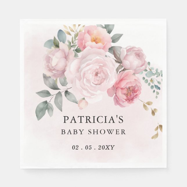 Modern Pink Blush Floral Girl Baby Shower Napkins (Front)