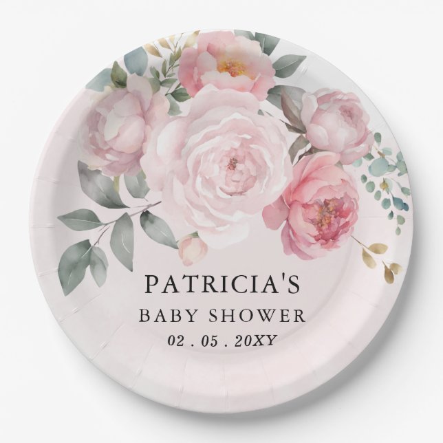 Modern Pink Blush Floral Girl Baby Shower Paper Plates (Front)