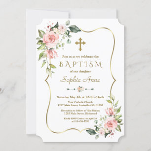 Modern Pink Blush Flowers Gold Frame Baptism Invitation