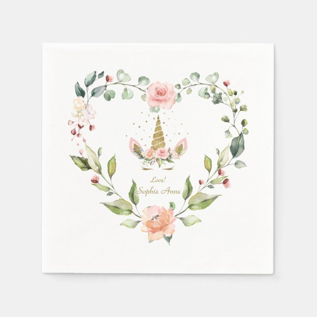 Modern Pink Blush Flowers Gold Unicorn Birthday Napkins (Front)