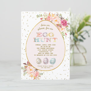 Modern Pink Blush Red FloralGold Egg Hunt Easter Invitation
