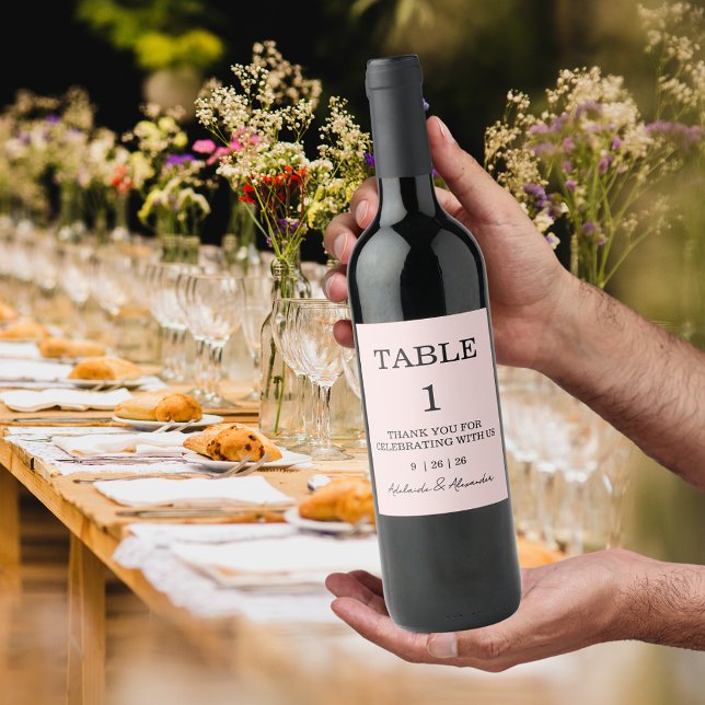Modern Pink Blush Table Number Wedding   Wine Label (Creator Uploaded)