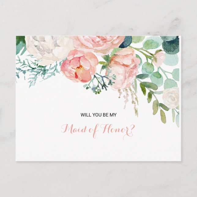 Modern Pink Blush Tropical Floral Maid of Honor Invitation Postcard (Front)