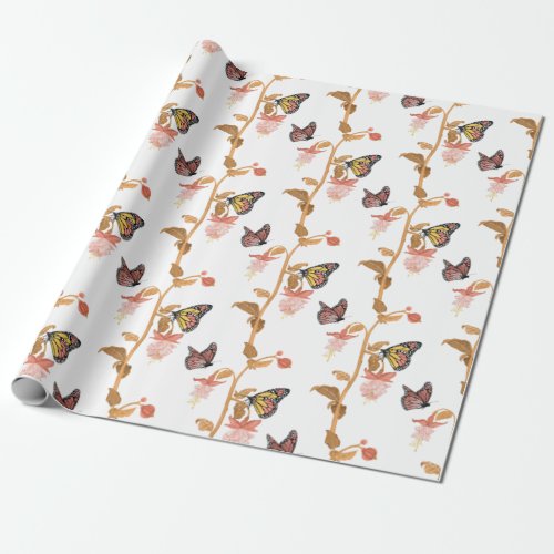 Modern Pink Boho Butterfly Floral Pattern  Wrapping Paper