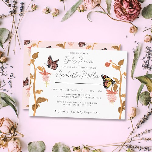 Modern Pink Boho Butterfly Girl Baby Shower Invitation